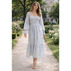Bumpbabe Blue Floral Smocked Midi Dress S Long Sleeve Cottagecore Boho Spring